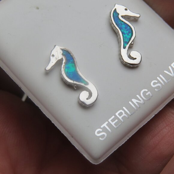 Sterling Silver Earring Water Horse  opal Hand Crafted - Picture 2 of 3